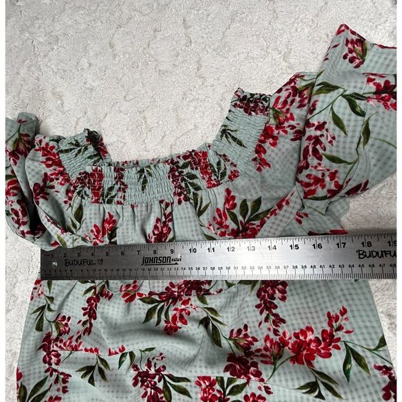 New 14th & Union Floral Off The Shoulder Top Small Printed Layered Ruffle Mint - Picture 8 of 9